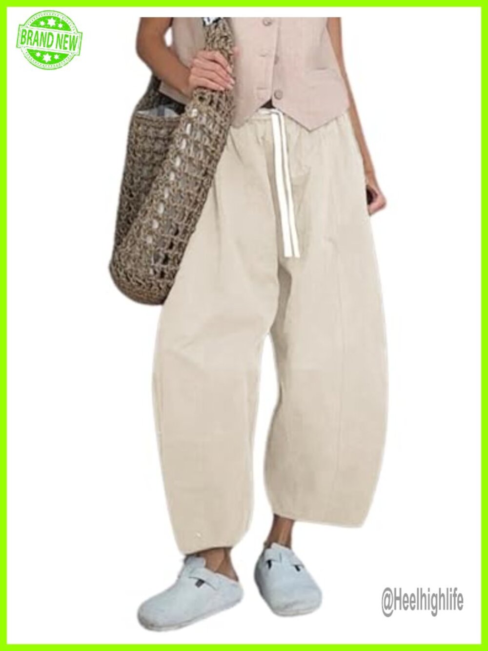 Wide Leg Barrel Pants Elastic Waist Drawstring Baggy Cropped Palazzo